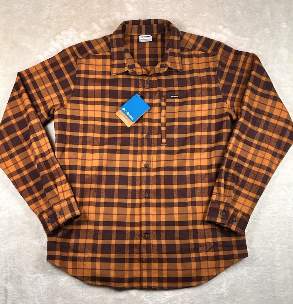 Columbia Shirt Mens Sz L Brown Plaid Outdoor Element II Stretch Flannel Shirt